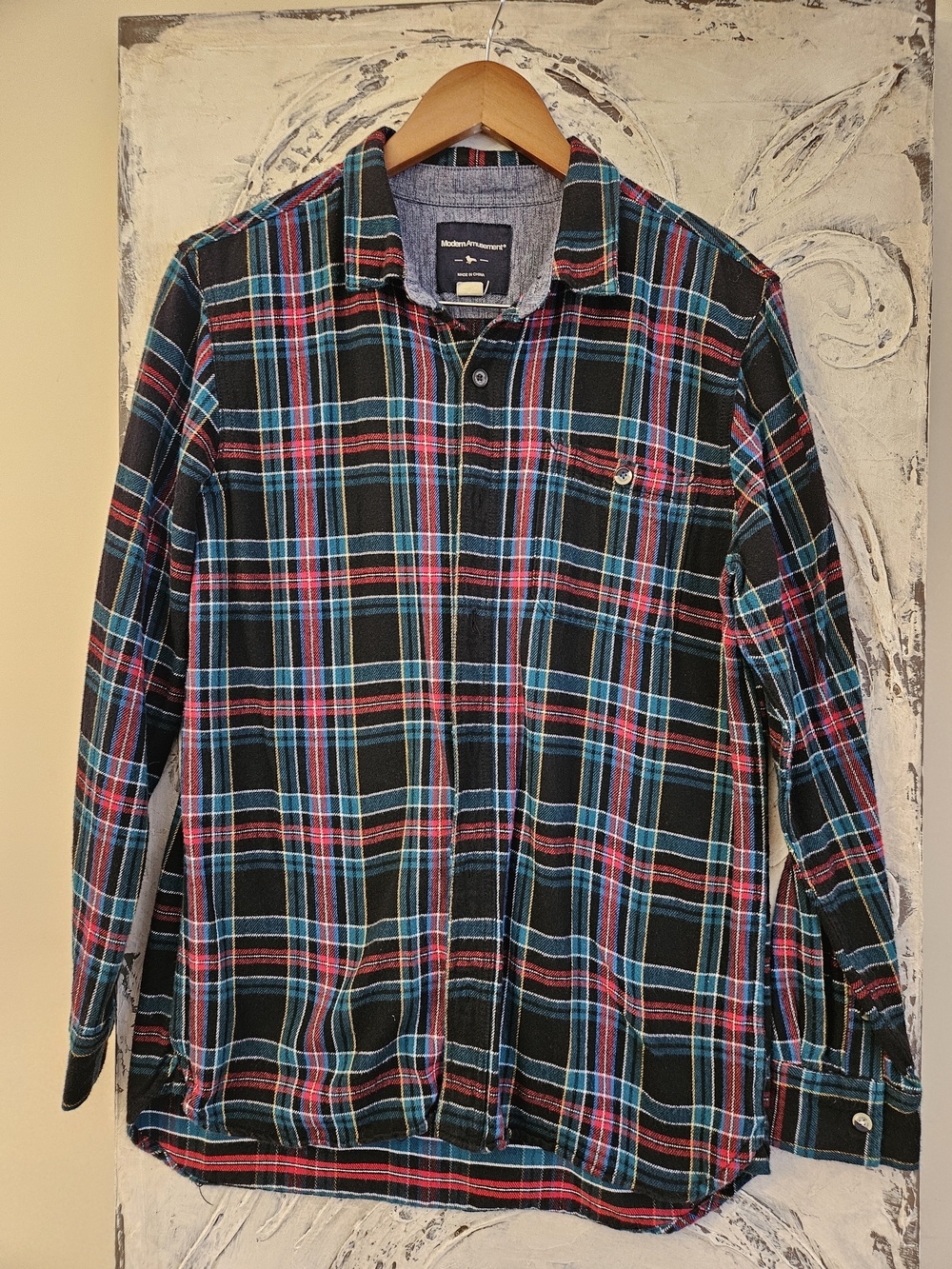 Modern Amusement Black Plaid Shirt with Red & Teal Stripes